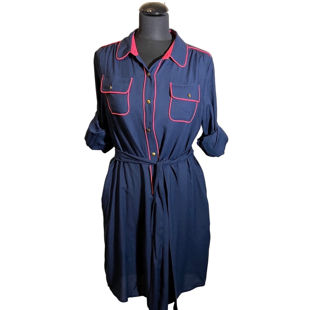 Banana Republic Navy Blue Pink Piping Shirt Dres, Women's Size 8